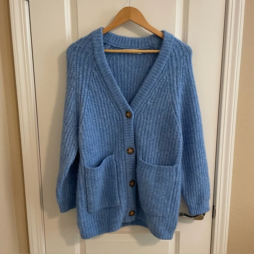 Zara Cardigan Sweater Chunky Grandpa Alpaca Blend Blue Heather Size Medium